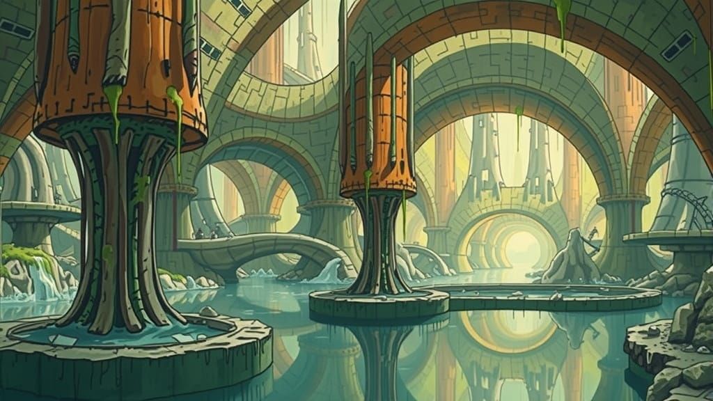 Vast Underground City with Waterfalls as Comic Art