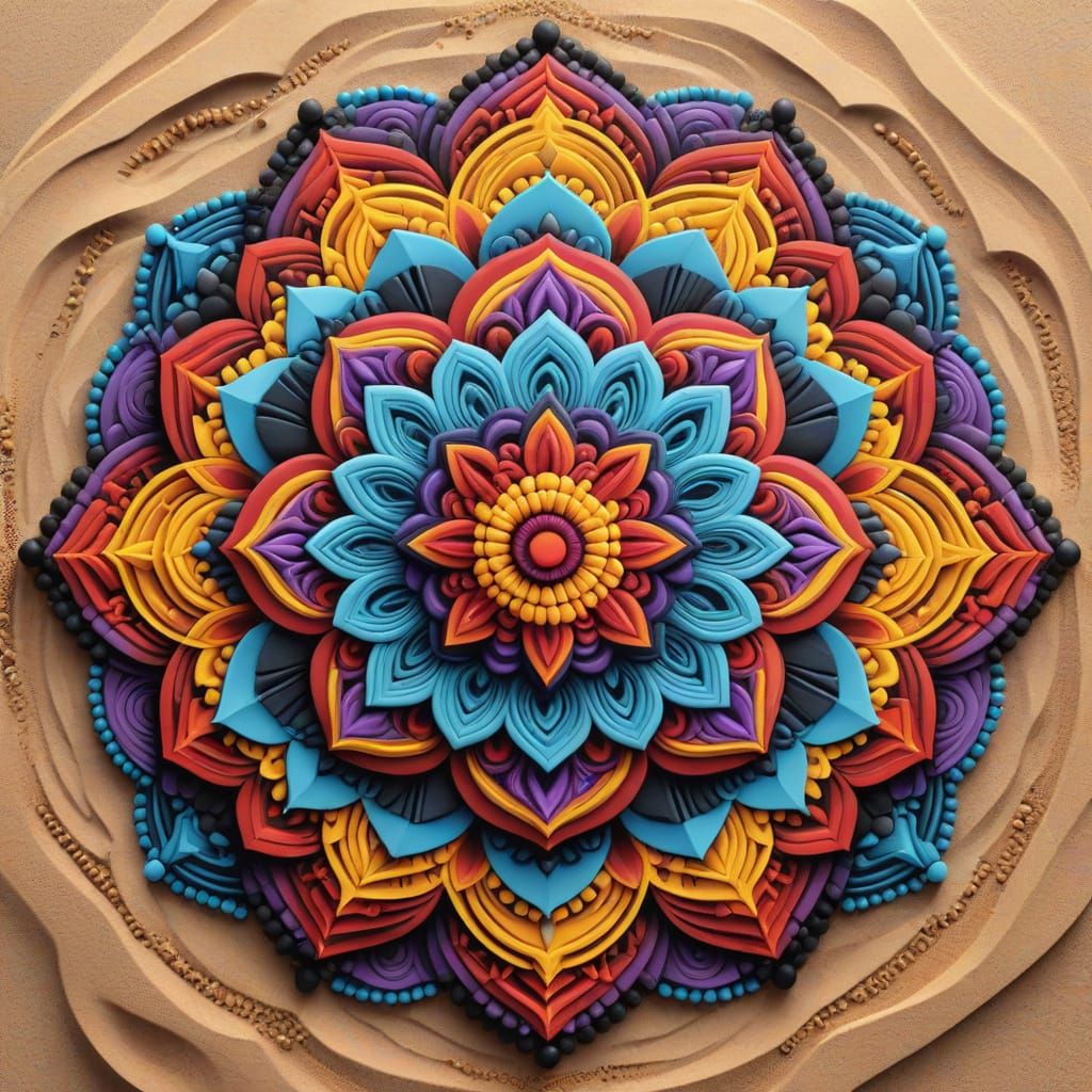 Geometric Sand Mandala with Intricate Symbol Patterns