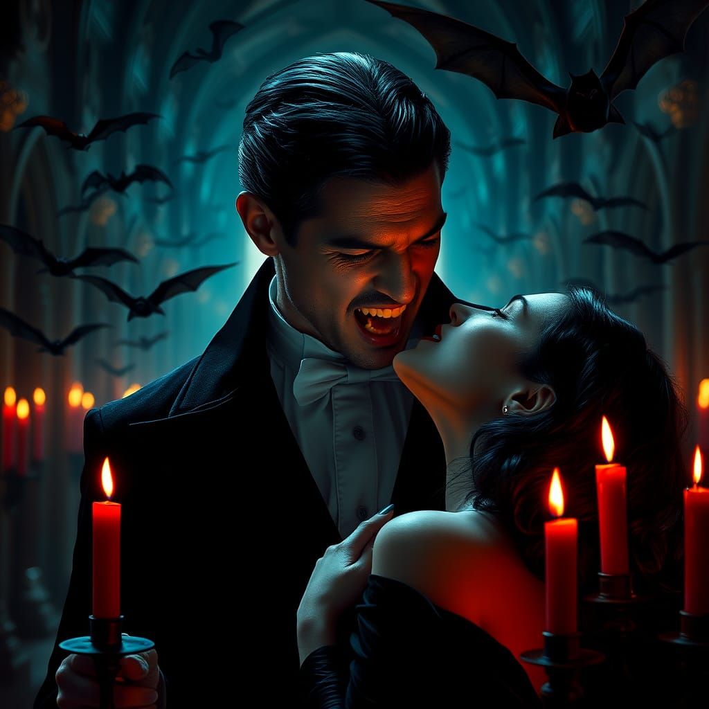 A gigantic prefect photo headshot of a masculine Count Dracula biting right into a gorgeous beautiful woman's neck wi...