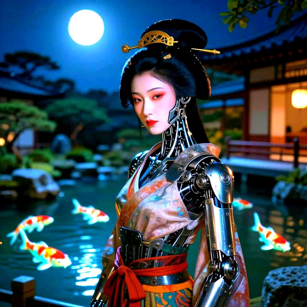 Ancient Cyborg Geisha in Moonlit Japanese Garden