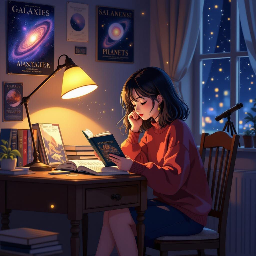 Anime Girl Reads Astronomy Books by Desk Lamp