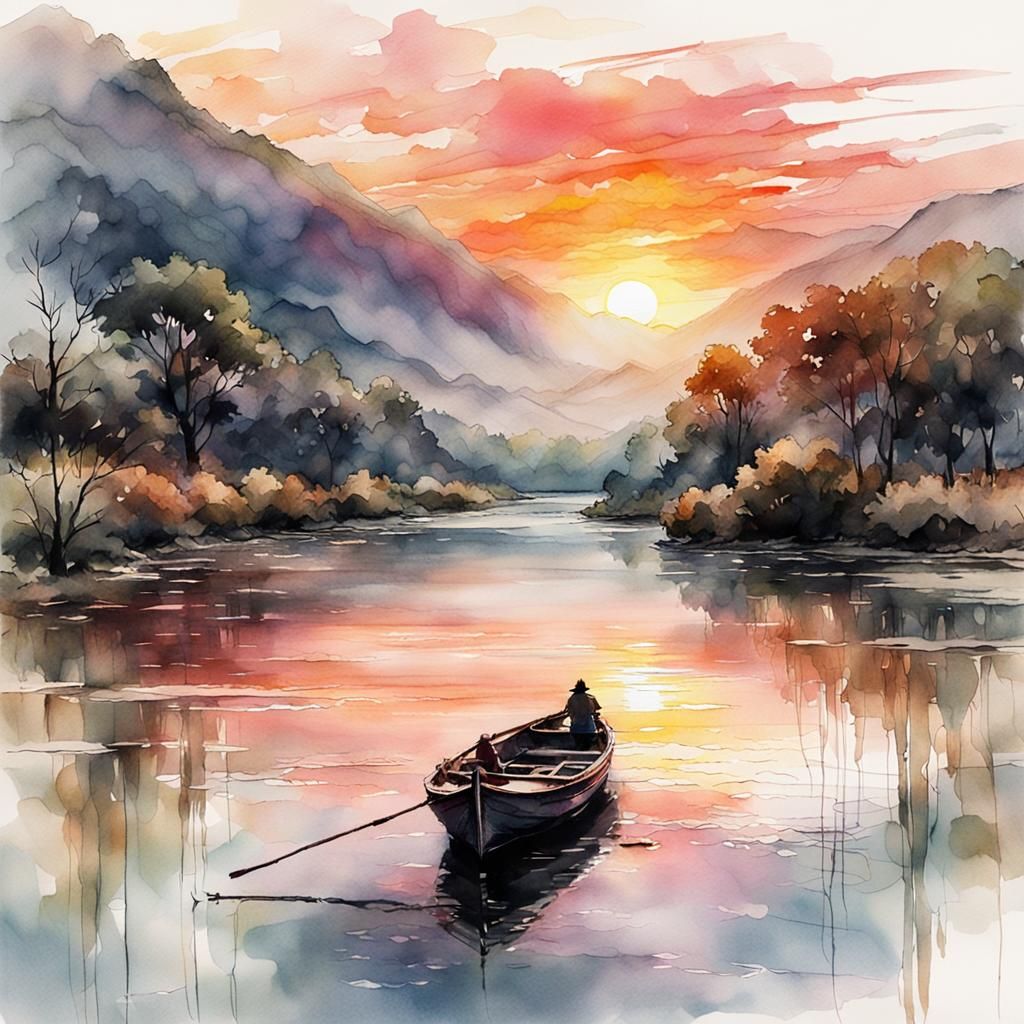 Riverside Sunrise: Watercolor Landscape Illustration