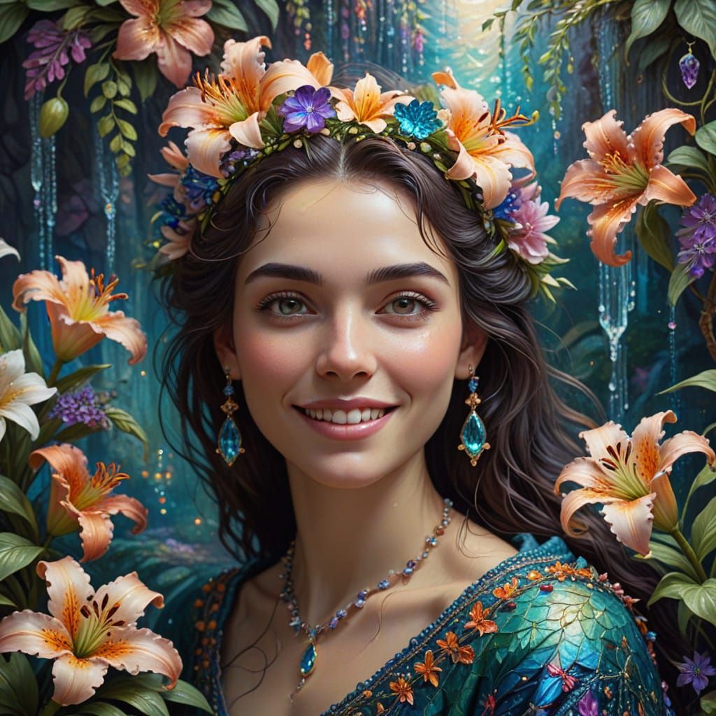Smiling Woman with Lily Garland in Oil Painting Style