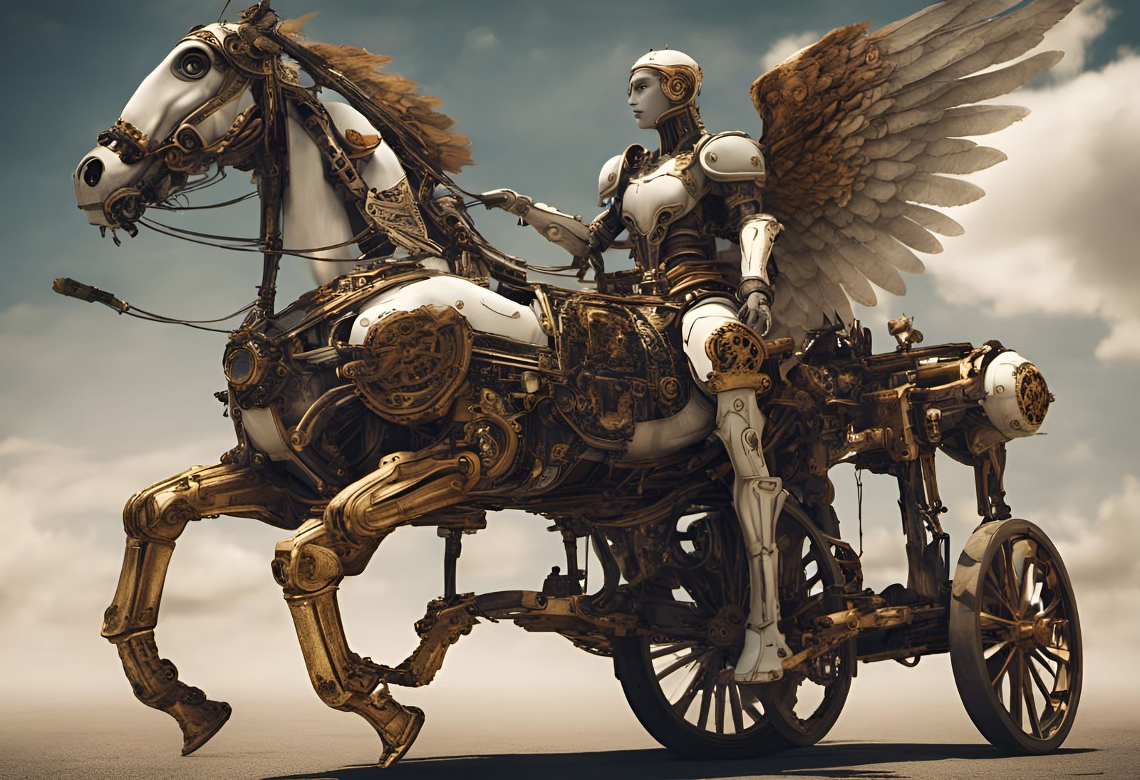 Steampunk Angel Robot in Greek Chariot