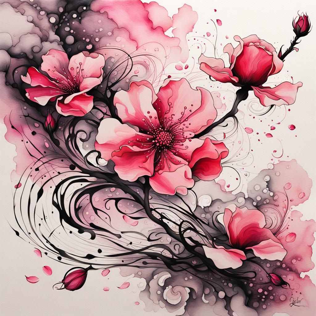 Ink painting,  cherryblossom blooms