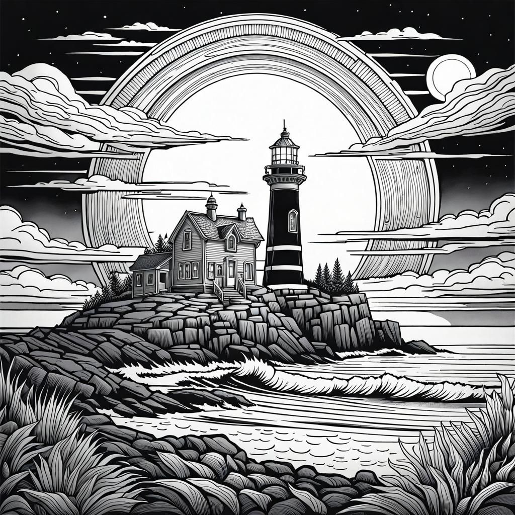 Sunset Lighthouse Fantasy Coloring Page