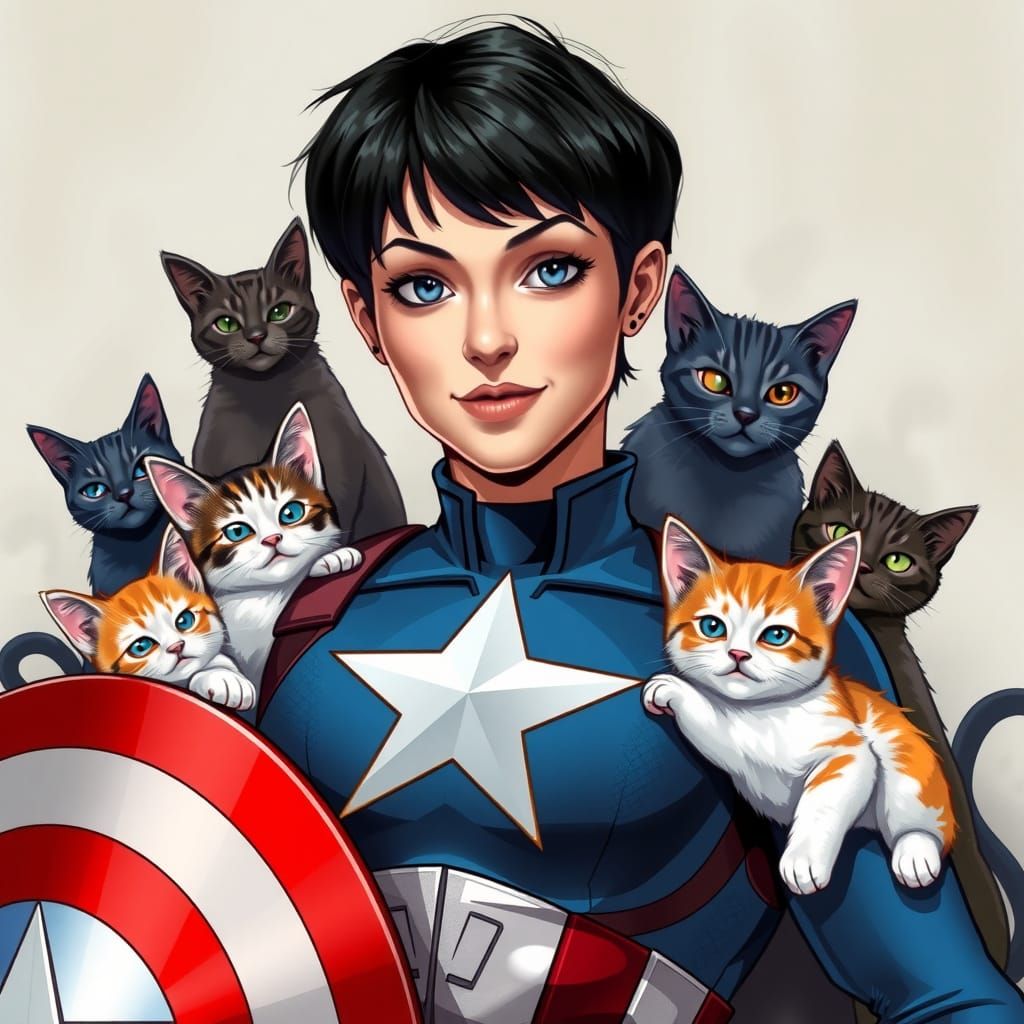 Captain America Cosplay with Cats in Comic Book Style