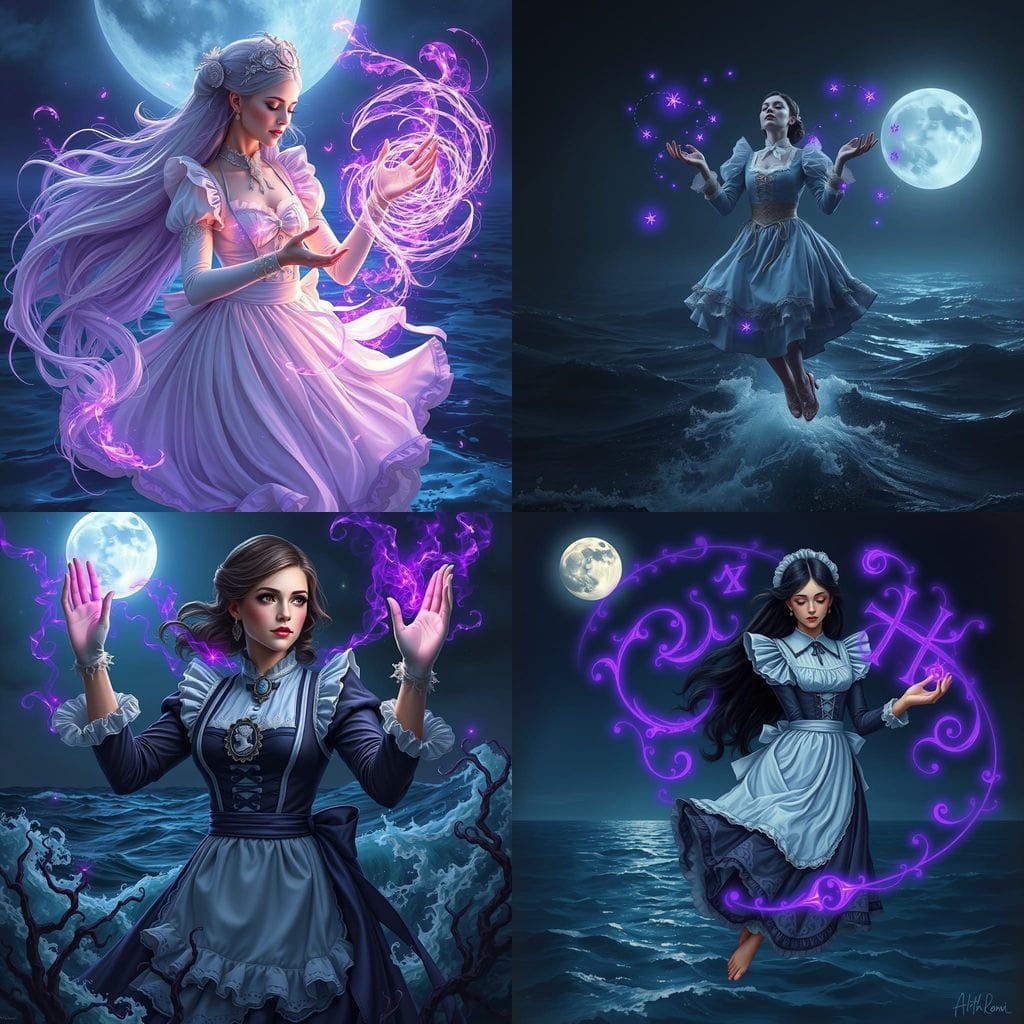 Enchanted Maidess Under Moonlit Seascape in Intricate Fantas...