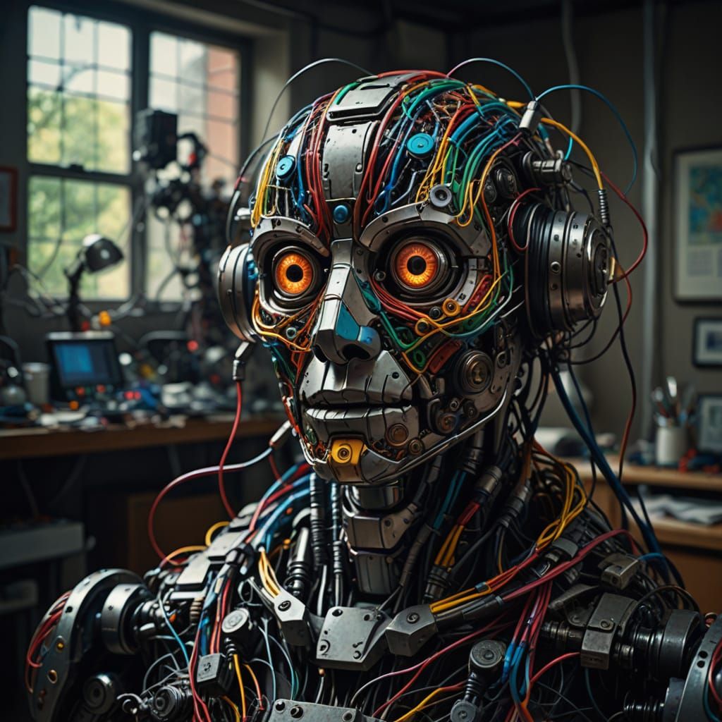 Colorful Wire Robot in Dark Lab, Hyperrealistic