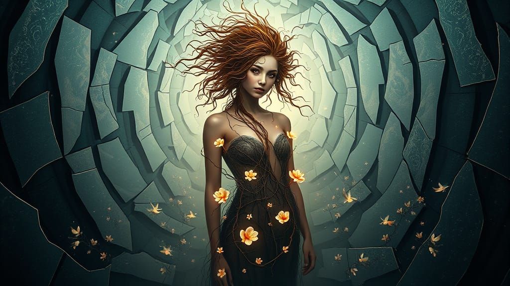 Surreal Goddess in Shattered Mirror Labyrinth