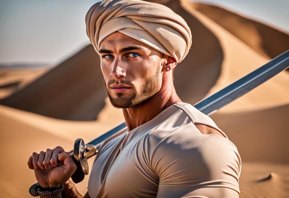 Epic Bodybuilder with Sword on Desert Dune