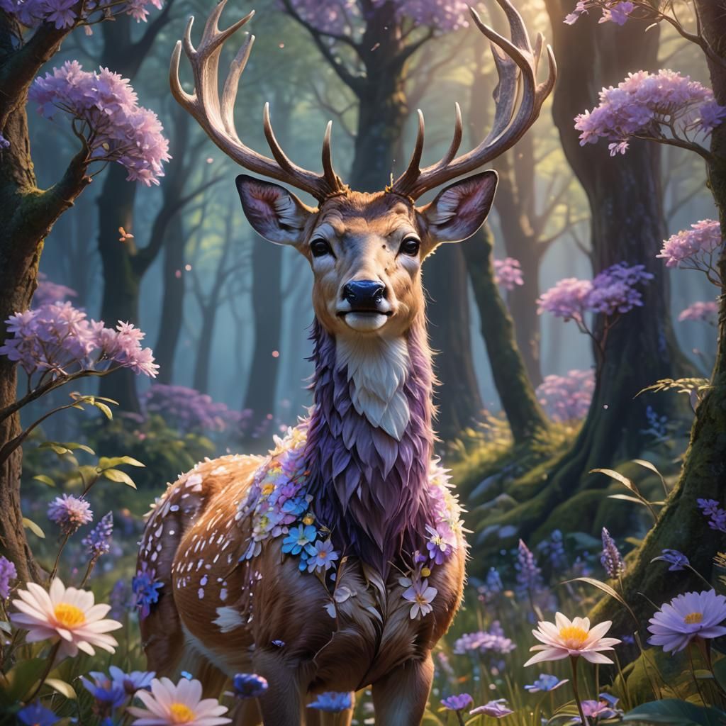 Pastel Flower Deer Smiles in Luminous Forest