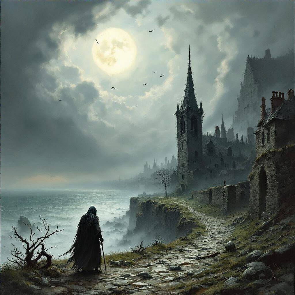 Grimdark Fantasy Landscape in William Barnes Wollen Style