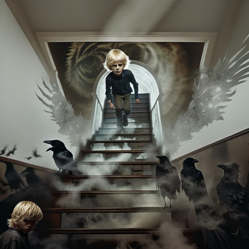 Surreal Double Exposure: Boy in Haunted Basement