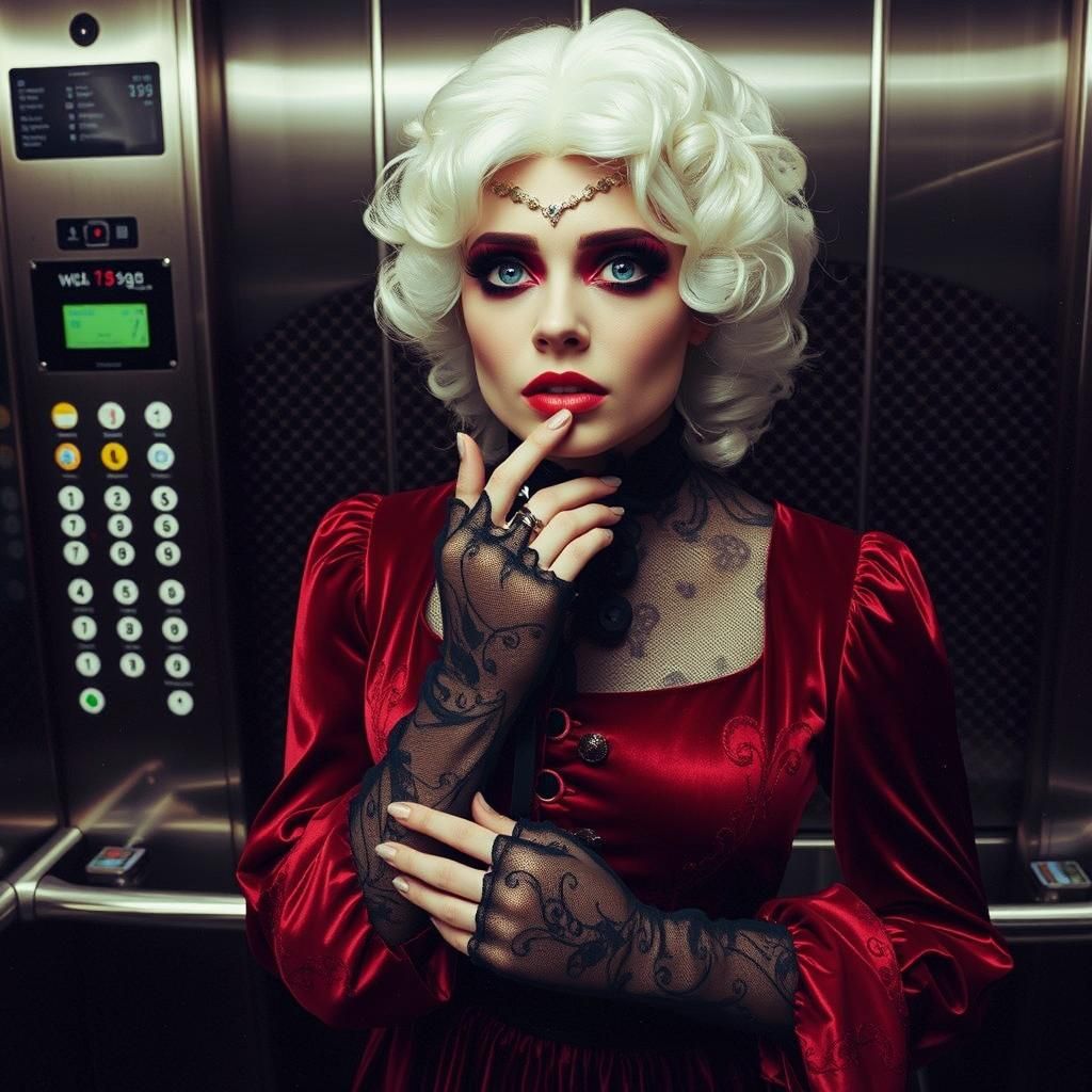 Worried Woman in Victorian Dress in High-Tech Elevator