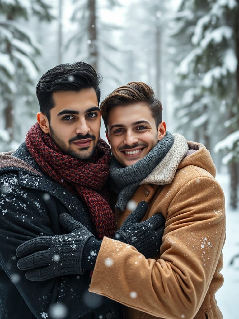 Tender Arab Lovers Embrace in Snowy Forest