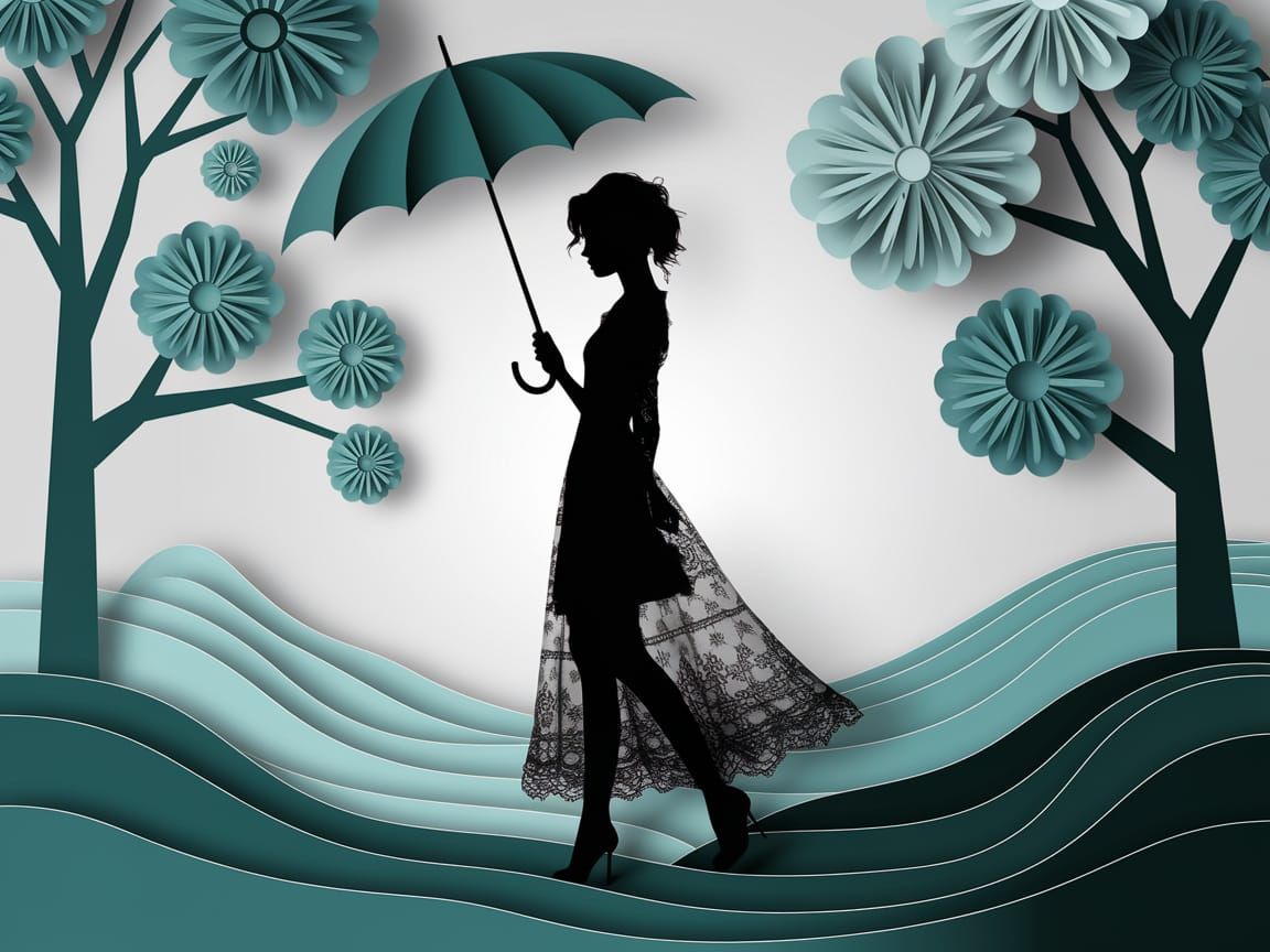 Elegant Woman Under Stylized Paper Trees in Soft Teal Hues