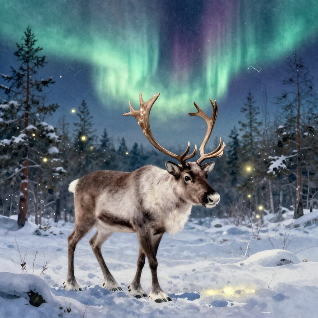 Majestic Reindeer Under Aurora Borealis in Snowy Forest