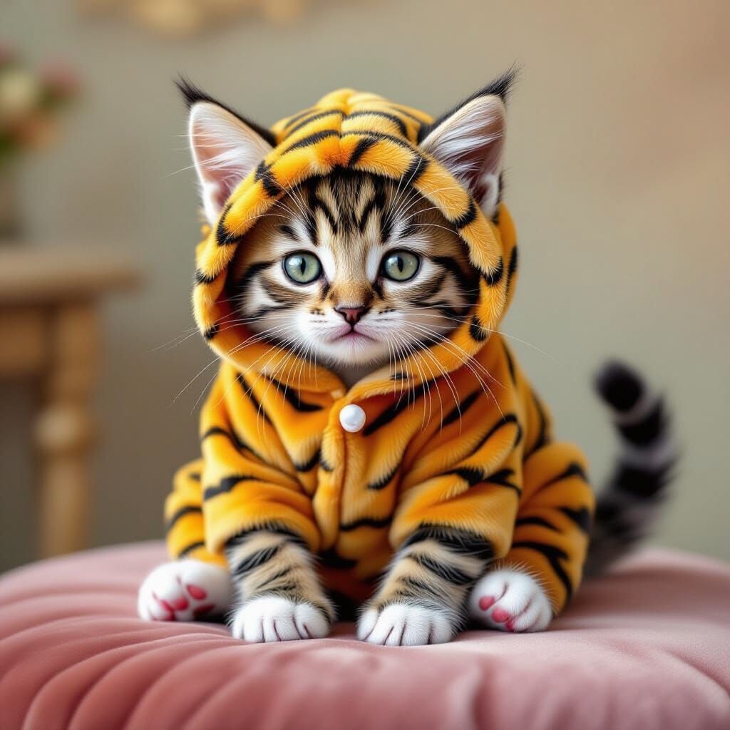 Adorable Kitten in Tiny Tiger Costume on Velvet Cushion