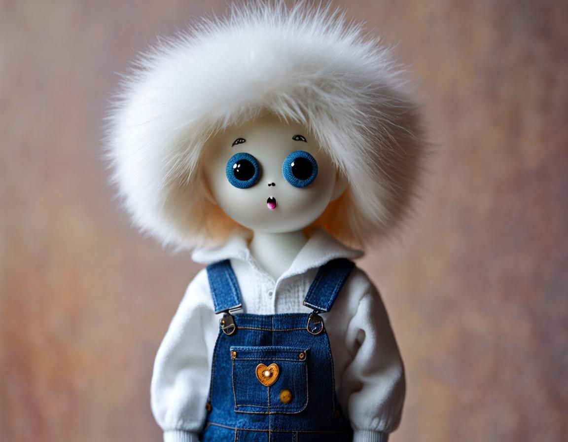 Funky Fluffy Ghost in Overalls with Expressive Eyes