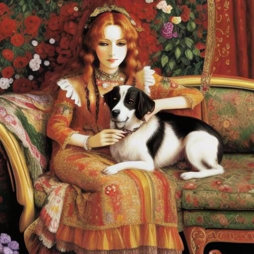 Woman Petting Dog in Style of Klee and Klimt