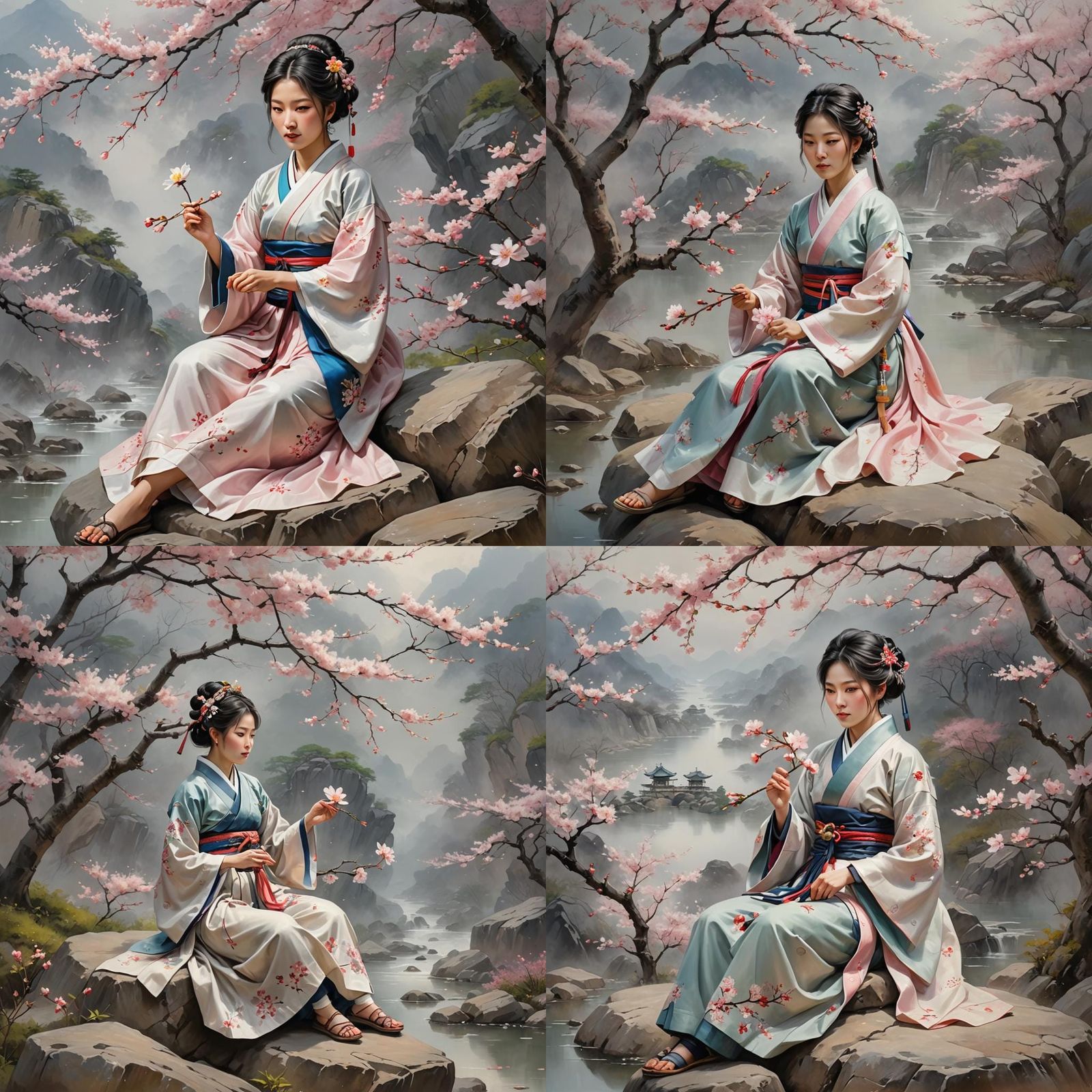 Korean Woman in Joseon Outfit with Sakura