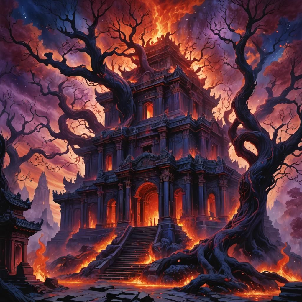 Inferno Engulfs Ancient Temple in Dark, Futuristic Style