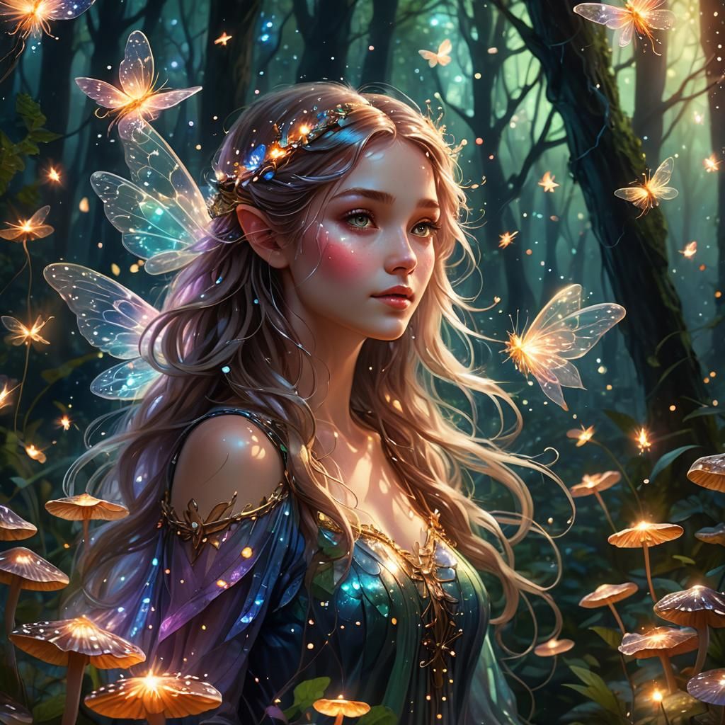 Glowing Fairy in Enchanted Forest, Folk Art