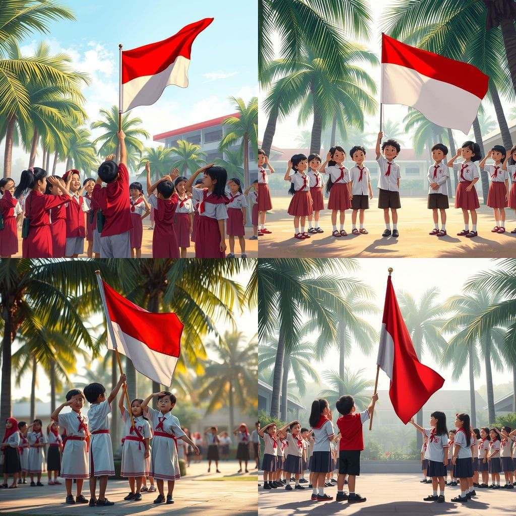 Indonesian Children Raise Flag on Independence Day