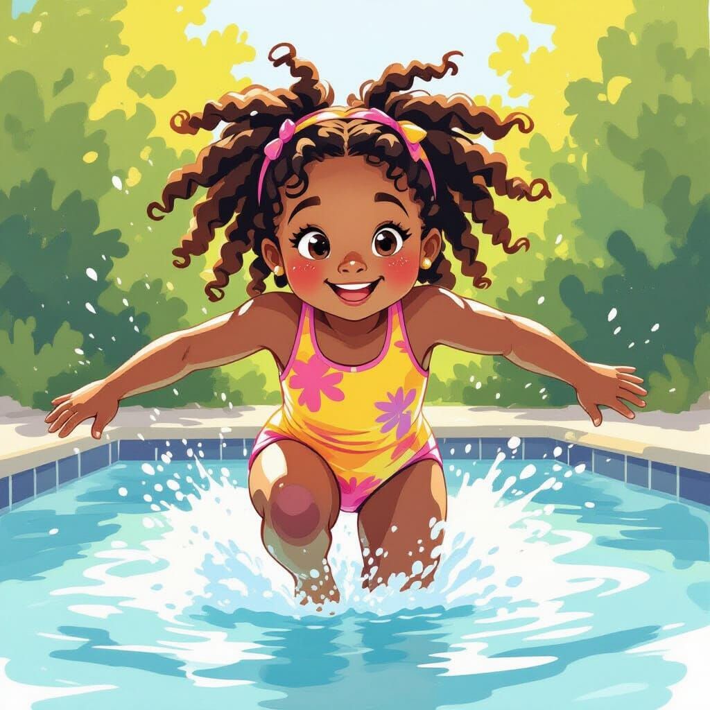 Girl Leaps into Pool: Vibrant Watercolor Illustration