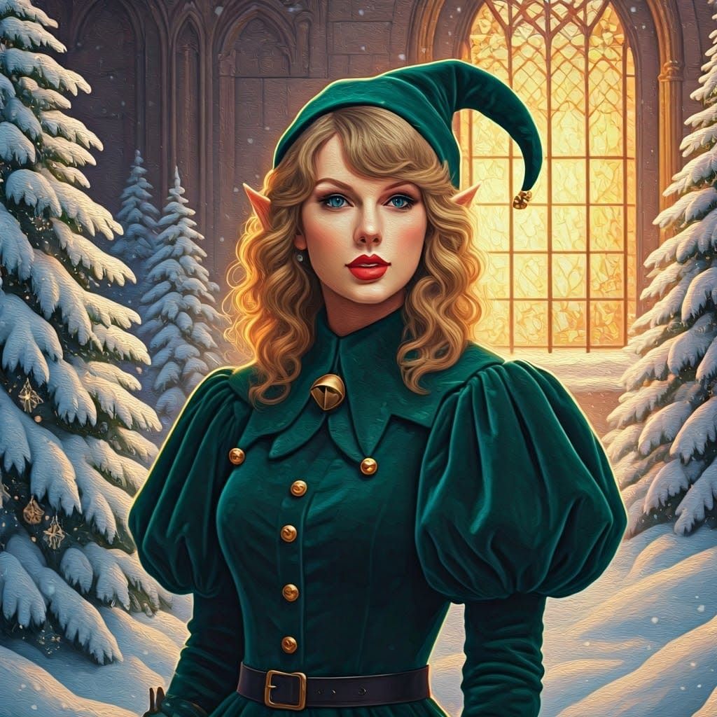 Emerald Elf in Winter Wonderland, Impasto Painting