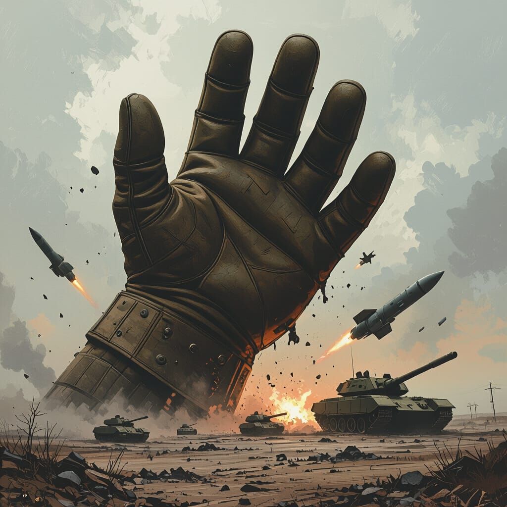 Dystopian Giant Hand Crushing Tanks in Desolate Landscape