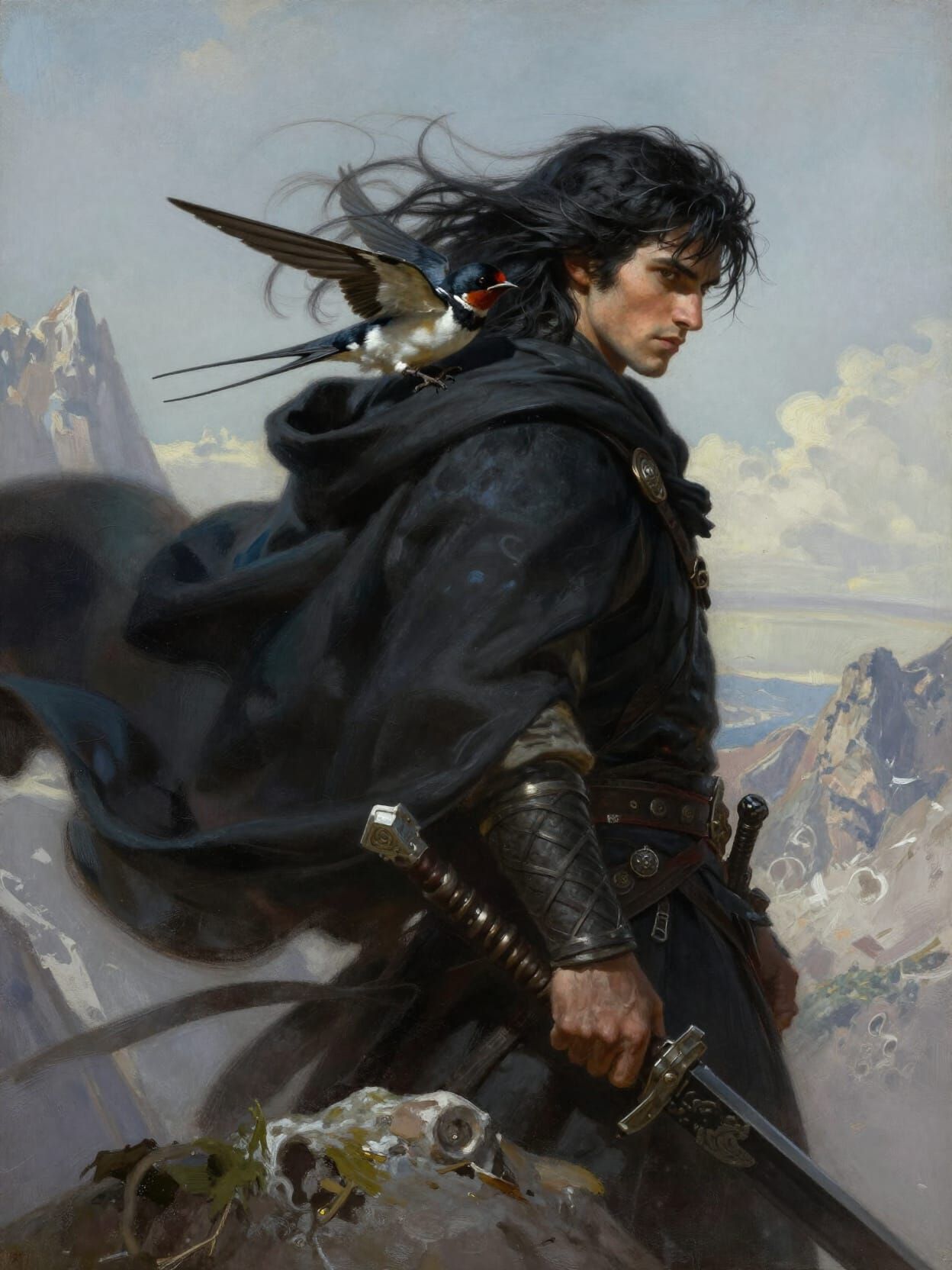Warrior on Mountain Peak with Swallow, Hyperrealistic Matte ...