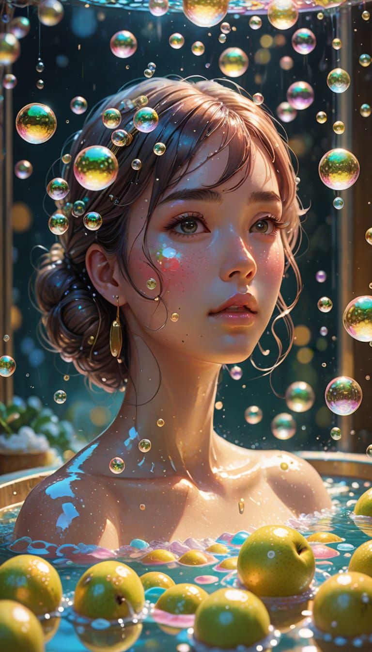 , girl in bath cover edin soap bubbles holding pears soap, anime scene, iridescent bubbles