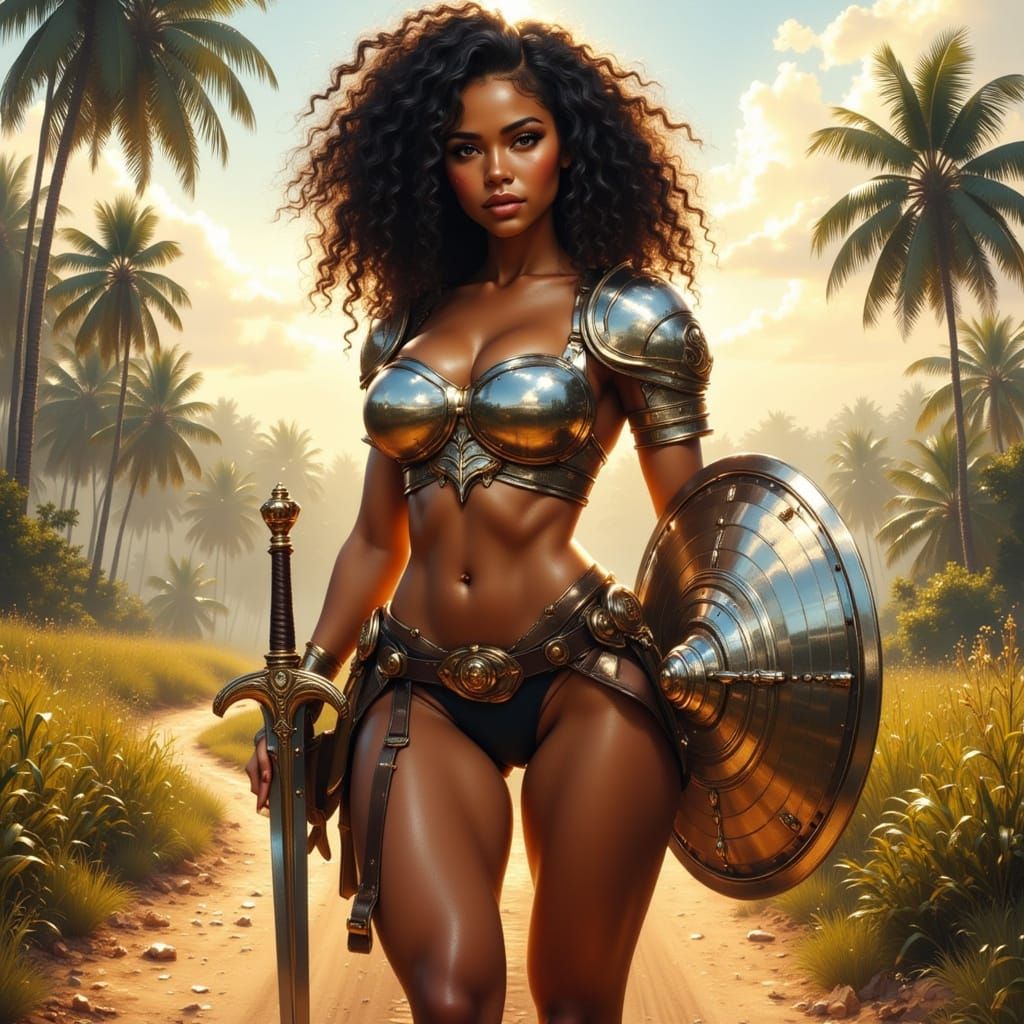 Female Warrior in Subtropical Landscape, Frazetta Style