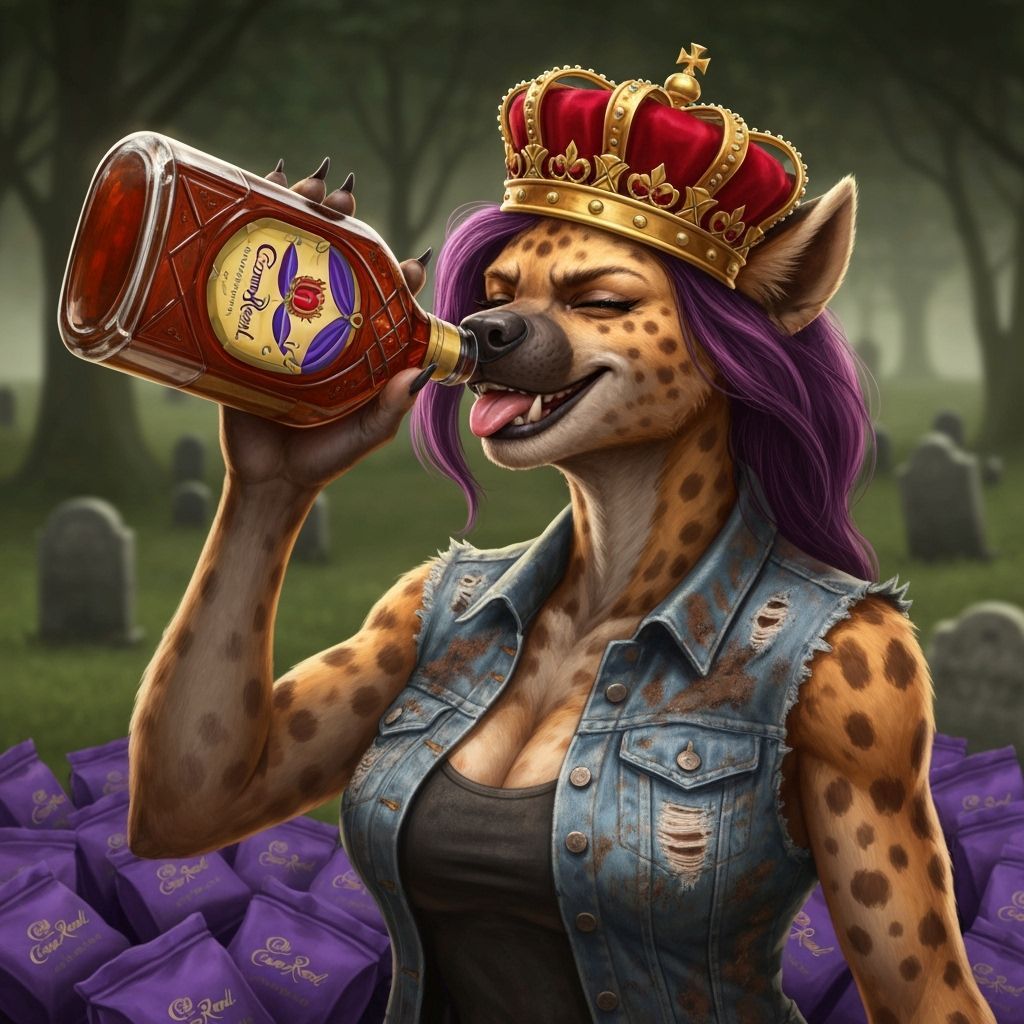 Anthropomorphic Hyena Queen Drinks Crown Royal in Graveyard