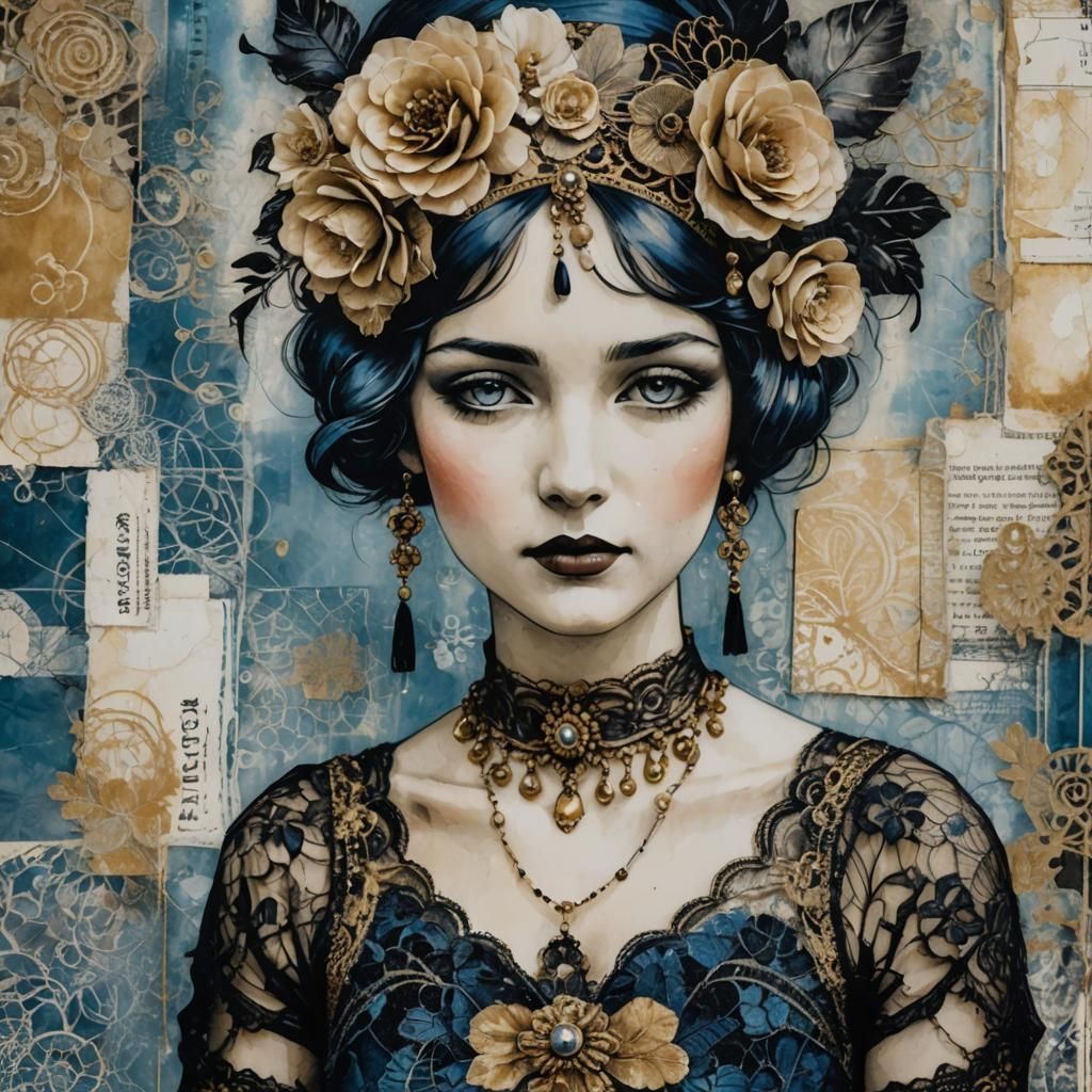 1920s Girl in Encaustic Mixed Media Painting