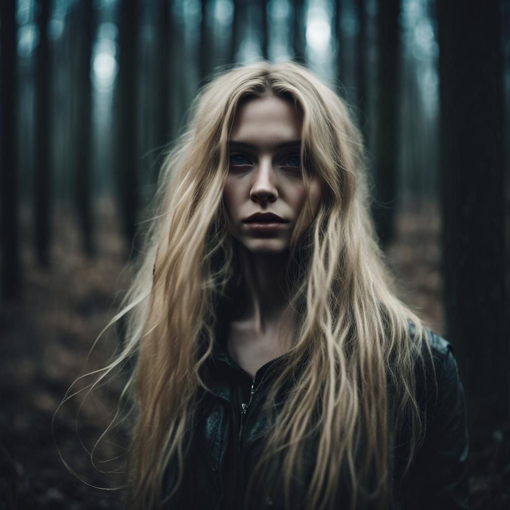Mysterious Blonde Girl in Apocalyptic Dark Forest