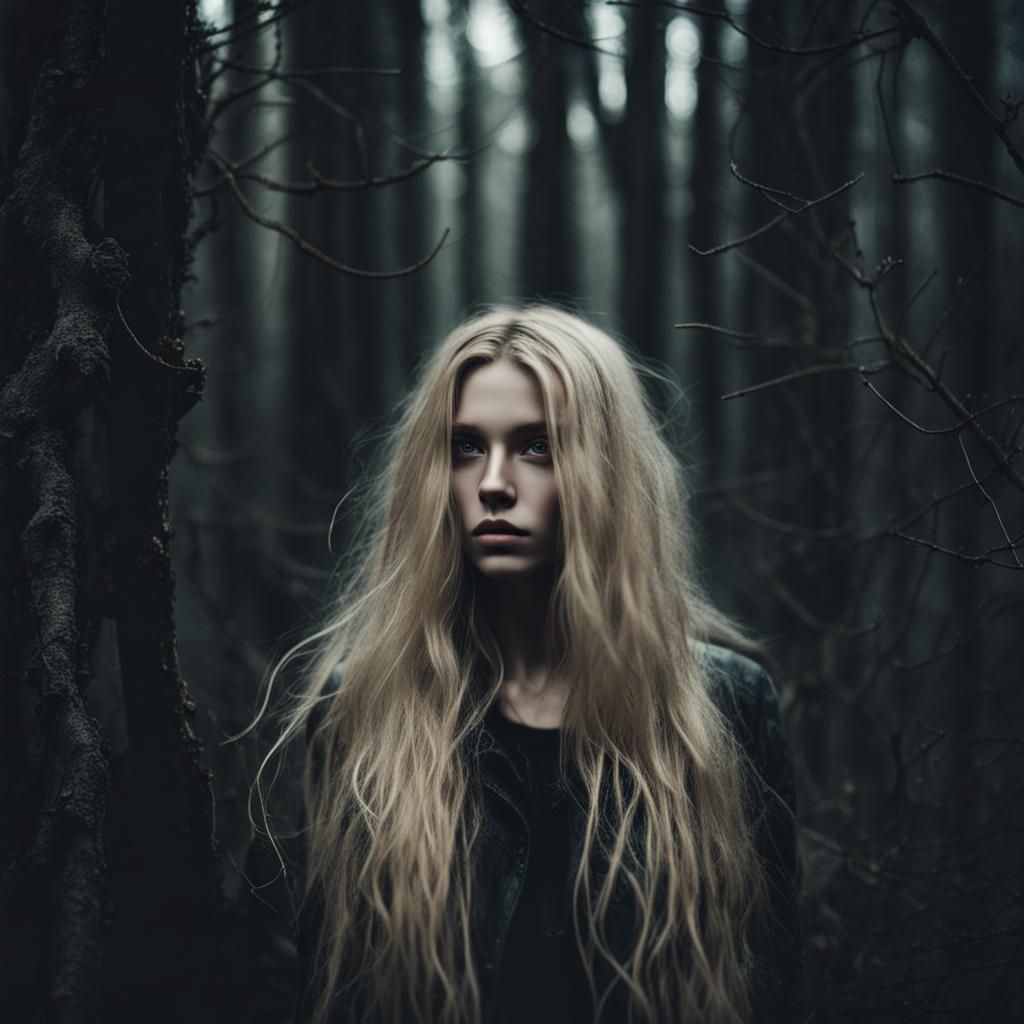 Mysterious Blonde Girl in Apocalyptic Dark Forest