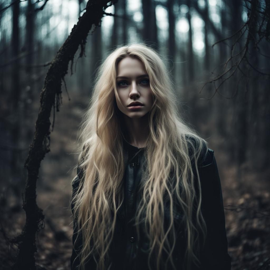 Mysterious Blonde Girl in Apocalyptic Dark Forest