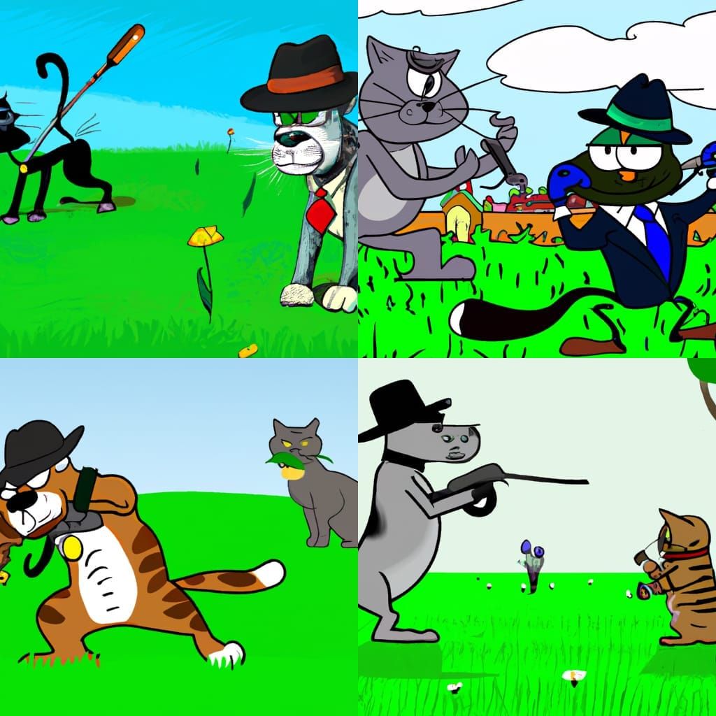 Mafia Cat Gunfight with Dog in Grassy Plains