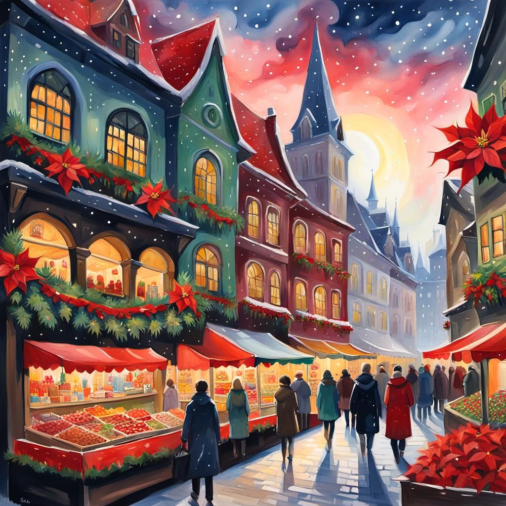 Magical Christmas Market: Gouache Impressionist Cityscape