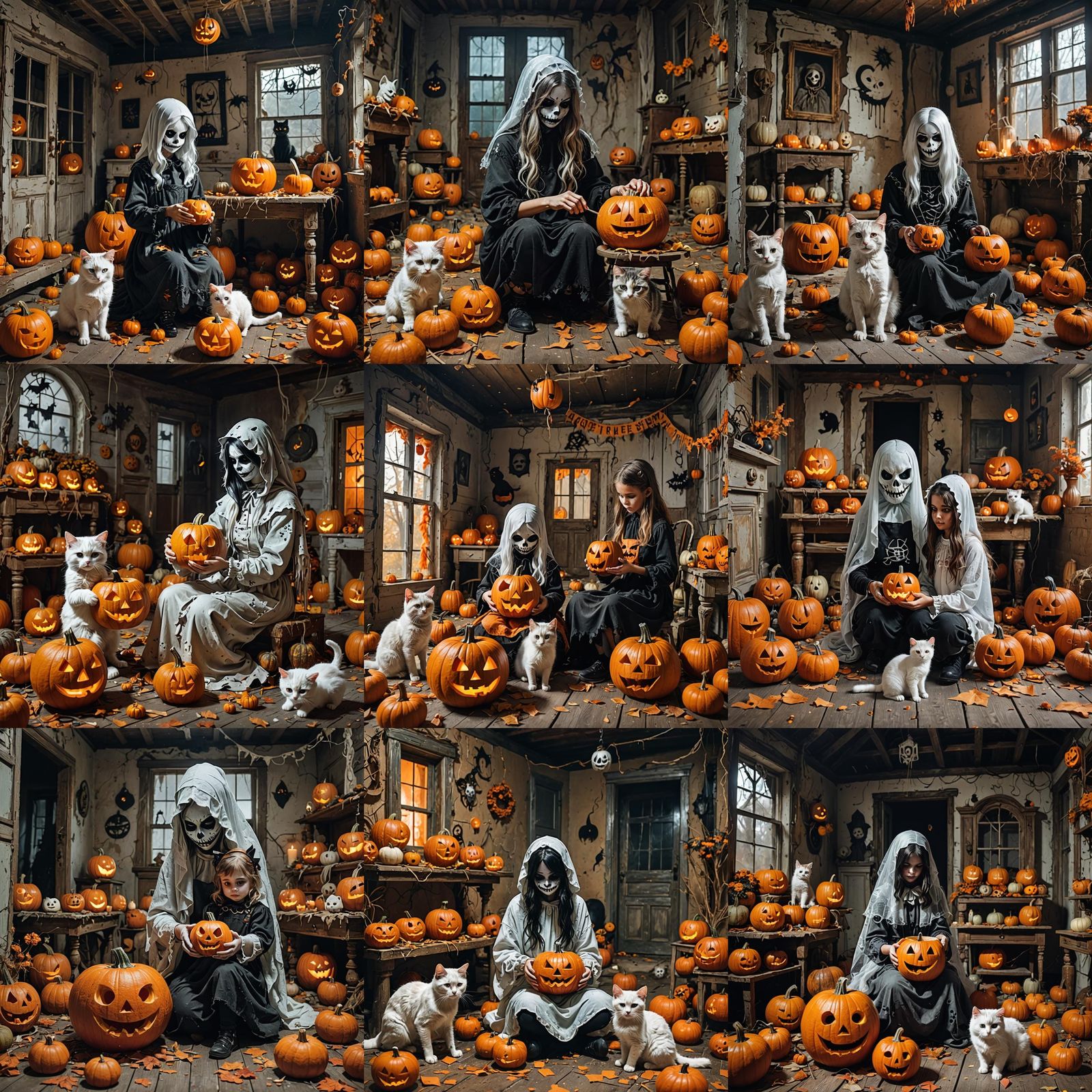 Ghostly Girl and Kitten Carving Pumpkins