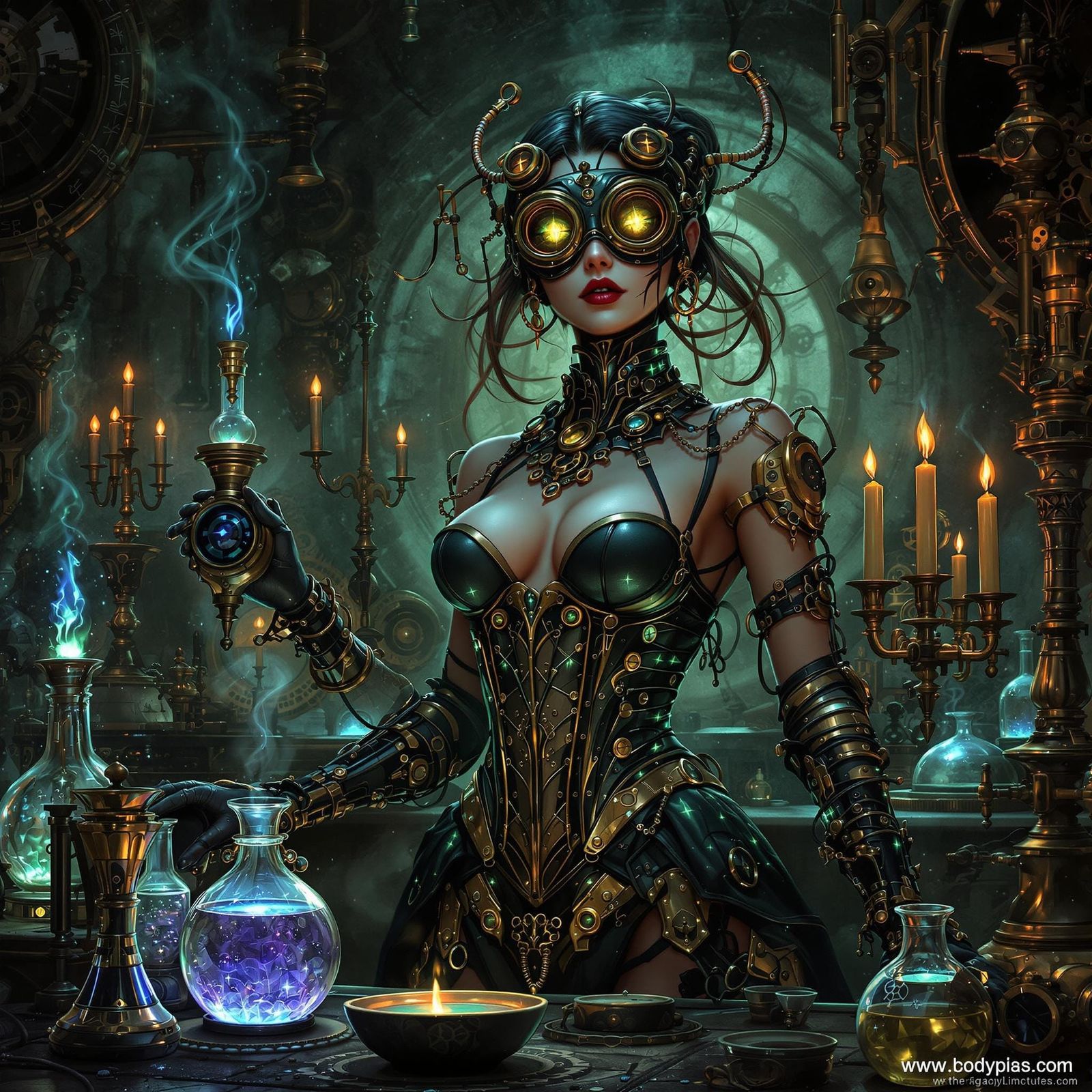Gothic Cyborg Alchemist in Steampunk Laboratory