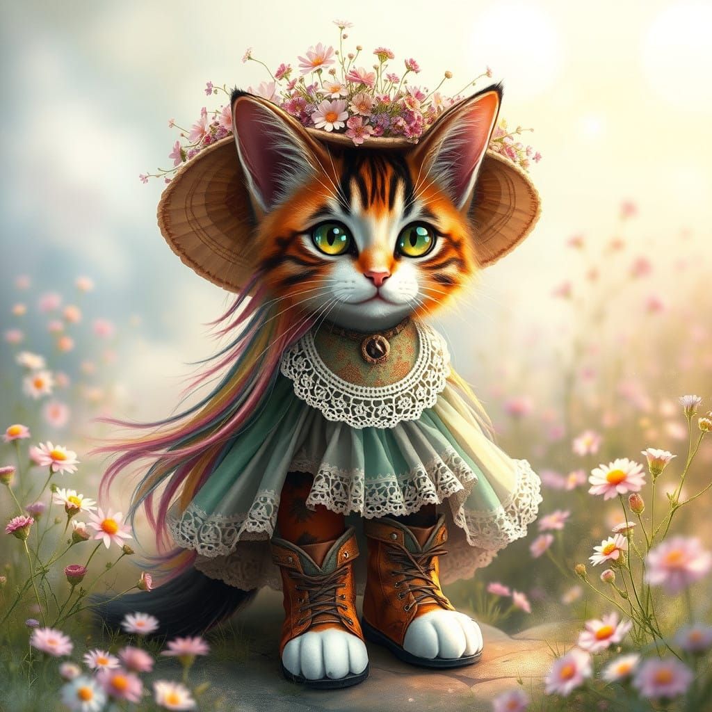 Whimsical Feline Goddess in Dreamlike Landscape