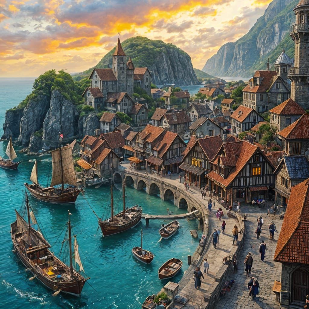 Bustling Medieval Coastal Town at Sunset