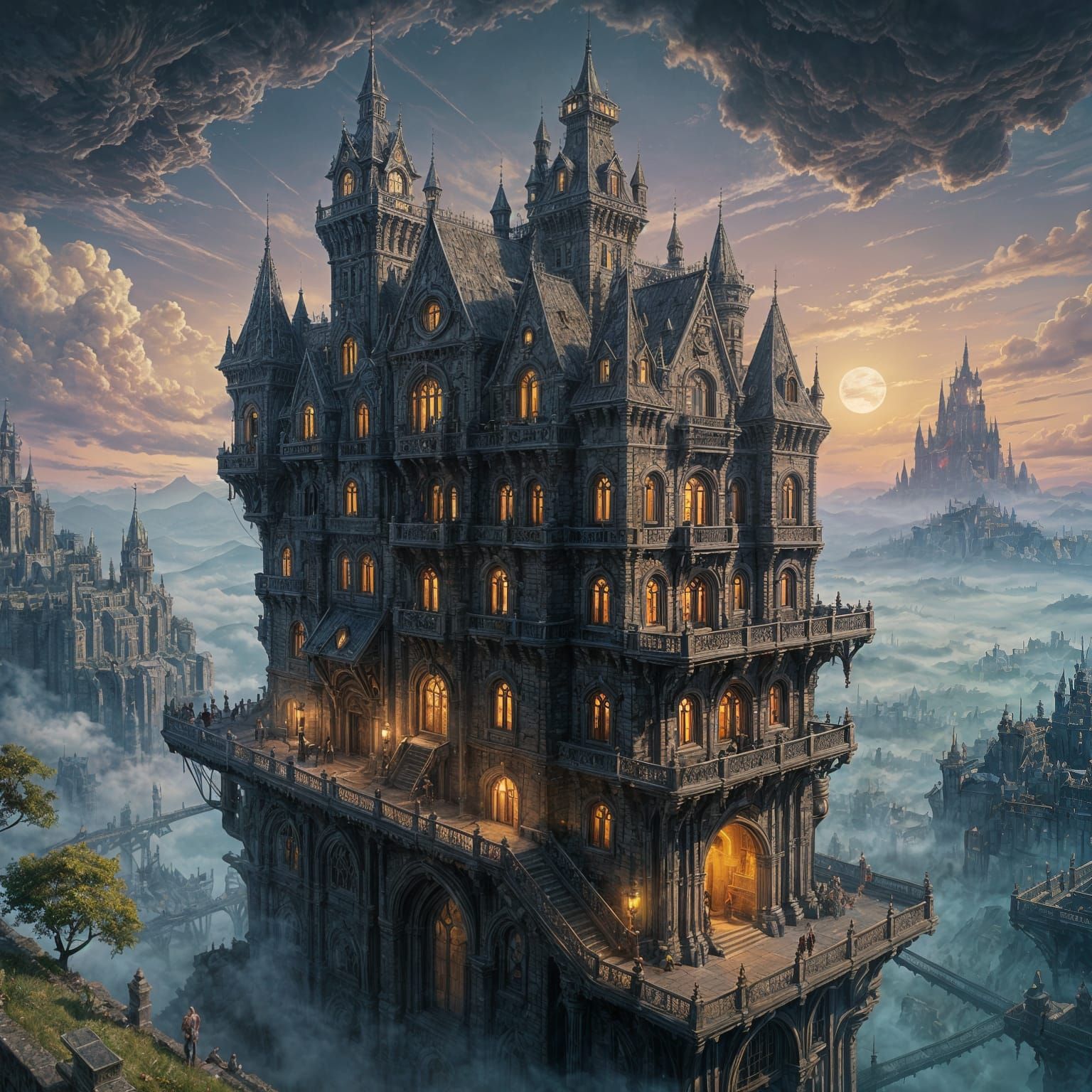 Steampunk Cyberpunk Castle in Misty Sky