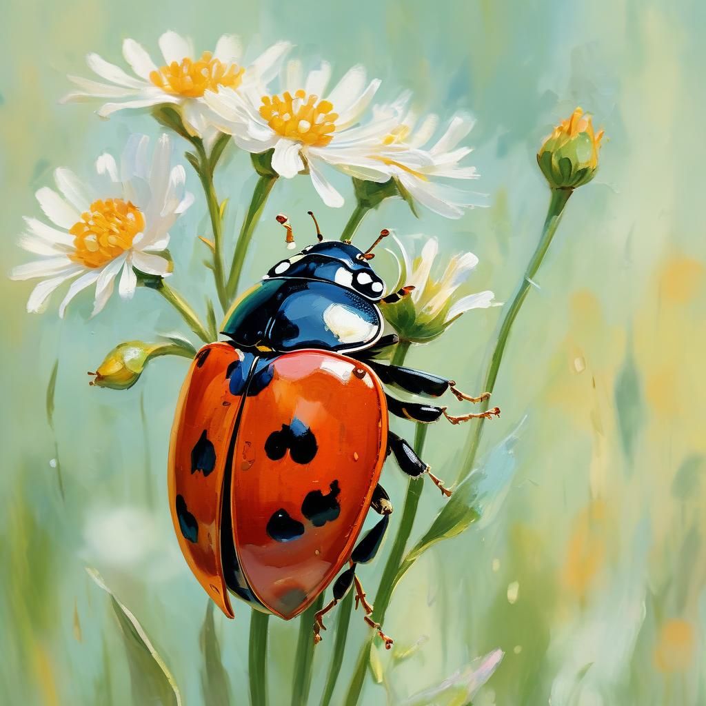 Ladybug on Flower in Impressionist Gouache Style