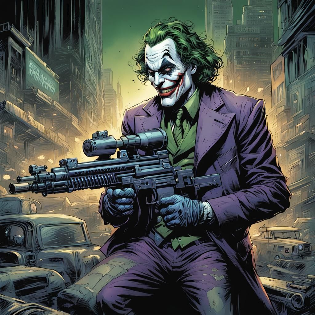 Joker with Machine Gun in Comic Book Art
