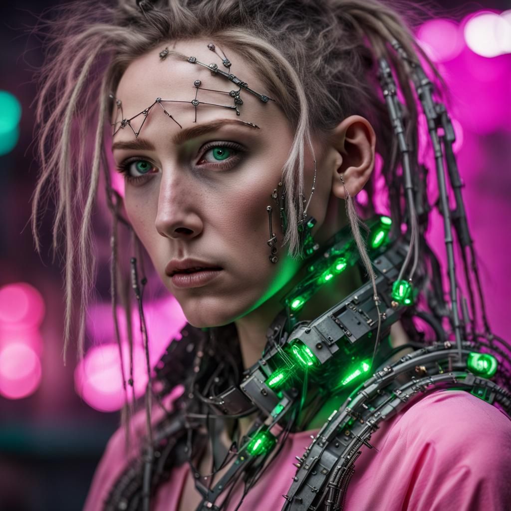 Cyberpunk Woman with Cybernetic Implants in Wasteland
